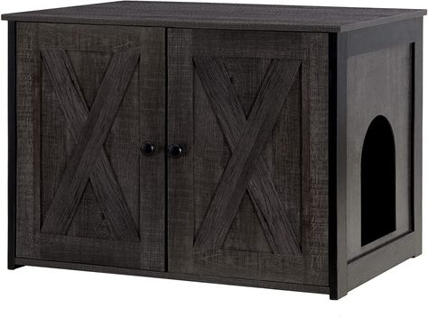 The black frame and dark grey wood panel is designed to perfectly match the decor. It is not only a cat litter box enclosure, but also can be used as a cat house . Meantime, you can use this furniture as an end table or coffee table next to the sofa because of its' fashionable furniture style. Cat Litter Box Enclosure, Furniture Box, Litter Box Furniture, Litter Box Enclosure, Cat Litter Box Furniture, Cat Hiding, Wooden Cat, Cat Litter Box, Cat Furniture