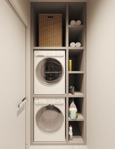 Bathroom Favorites, Laundry Cupboard, Perfect Laundry Room, Small Utility Room, Utility Room Designs, Stacked Laundry Room, Laundry Room Ideas Small Space, Small Laundry Room Organization, Stylish Laundry Room