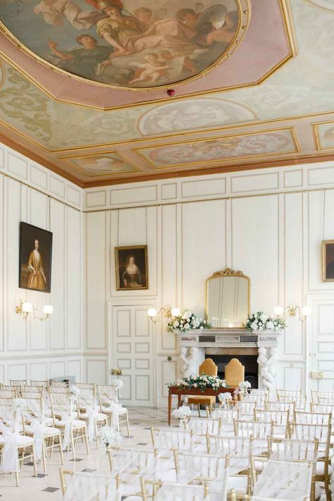 Grand Salon ceremony setup at Gosfield Hall Timeless Wedding Decor, Gosfield Hall, Wedding Fireplace, Function Hall, Wedding Halls, Venue Inspiration, English Manor Houses, Timeless Wedding Dress, Hall Interior