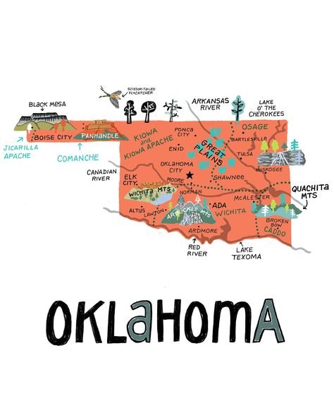 The Oklahoma state art print features towns, cities, the state capitol Oklahoma City, as well as some of the prominent bodies of water and land in the state. What sets this state illustration apart is that I've included the state's indigenous people and the areas they first inhabited. The original tribes included the Kiowa and Kiowa Apache, Comanche, Wichita, Osage, Caddo and Jicarilla Apache. Other tribes moved through the area but these are known as the original inhabitants. You have your choi Oklahoma Aesthetic, Tomato Festival, Oklahoma Photography, Oklahoma Art, Lake Texoma, Bodies Of Water, State Board, Broken Bow, Indigenous People