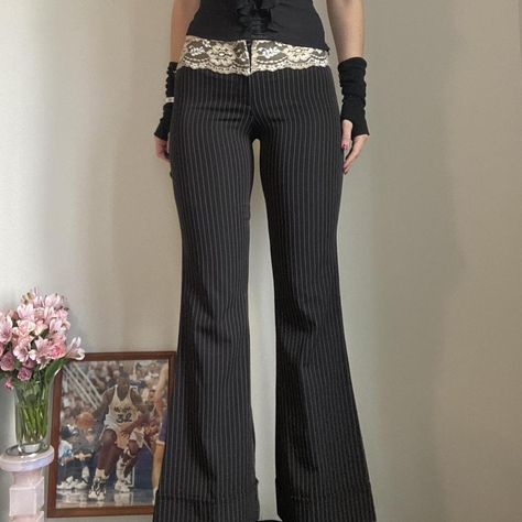 XOXO lace pinstripe Trousers 🖤 Details: Sleek black... - Depop Pinstripe Flares Outfit, Pinstripe Pants Outfit Y2k, Low Waist Pinstripe Trousers Outfit, Fitted Pinstripe Bottoms With Belt Loops, Y2k Pinstripe Pants, Pinstripe Trousers Outfit, Pinstripe Trousers, Trousers Details, Trouser Outfit