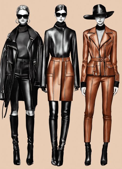 Explore this captivating sketch of a fashion collection showcasing structured outfits in a monochromatic palette with sleek leather textures. #FashionSketch #Monochrome #LeatherTextures Leather Illustration Fashion, Leather Rendering, Leather Illustration, Fashion Design Drawing, Illustration Collage, Fashion Illustration Collage, Textures Fashion, Monochromatic Fashion, Barbie Model