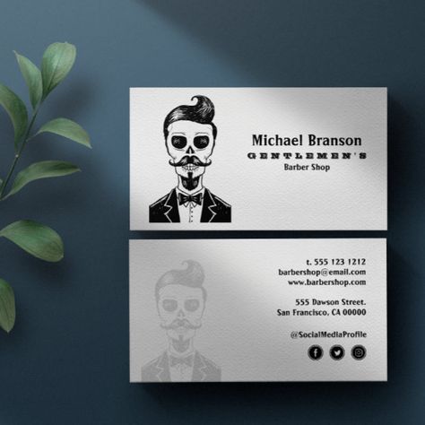 Vintage Gothic Barber Shop Skull Social media icon Business Card Mens Hair Salon, Business Signs Outdoor, Retro Business Card, Cute Business Cards, Beauty Business Cards, Vintage Barber, Stylist Business Cards, Hairstylist Business Cards, Slogan Making