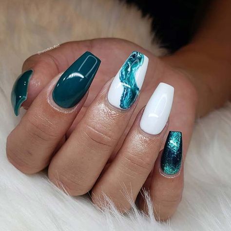 Nails That Go With Teal Dress, Teal Nail Art Designs, Marble Turquoise Nails, White Teal Nails, Deep Teal Nails Design, Prom Nails For Teal Dress, Torquise Nails Turquoise Design, Dark Teal And Orange Nails, Teal And Gray Nails