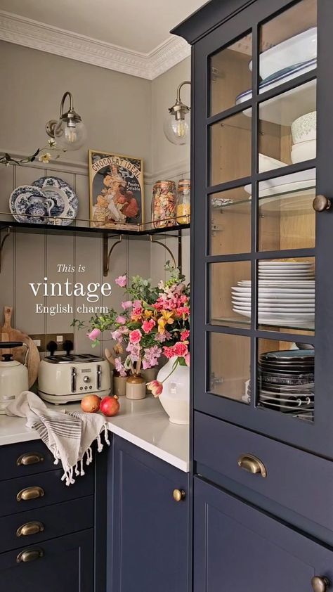 Elle Hervin | Sneaking in a still, just because I love 'em 🤷‍♀️. And because I added some new vintage artwork in here 😍. . . Vintage print from… | Instagram The New Victorian Interior, Elle Decor Kitchen, Vintage Blue Decor, English Homes Interiors, Vintage Blue Kitchen, French Blue Kitchen, Diy Home Library, Modern Vintage Kitchen, Vintage Modern Kitchen