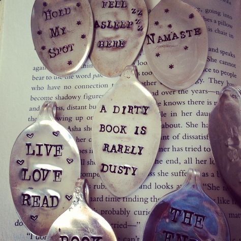 Vintage handstamped spoon bookmarks from Old'sCoolDesigns Spoon Bookmarks, Stamped Bookmarks, Spoon Stamping, Stamped Silverware, Fork Crafts, Silver Stamping, Silverware Drawer, Cutlery Art, Silverware Crafts