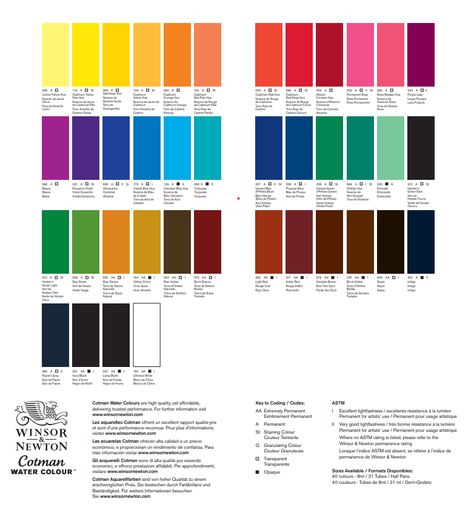 a chart of watercolor colors offered by Winsor & Newton Cotman Watercolor Chart, Watercolor Tubes, Winsor And Newton, Paint Color Chart, Winsor And Newton Watercolor, Paint Tubes, Watercolor Paint Set, Colour Chart, Winsor & Newton