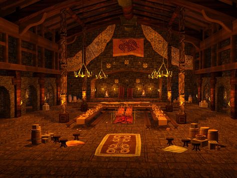 Viking Hall Viking Feast Hall, Viking Great Hall, Viking House Interiors, Viking Interior, Viking Hut, Viking Castle, Viking Bar, Viking Buildings, Viking Architecture