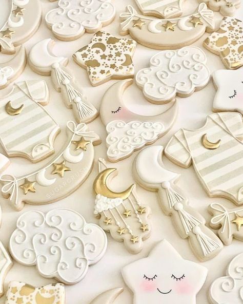 Over The Moon Decorated Cookies, Love You To The Moon And Back Cookies, Over The Moon Baby Shower Cookies, Cloud Baby Shower Cookies, Moon Sugar Cookies, Stenciled Cookies, 2024 Cookies, January Baby Shower, Star Sugar Cookies