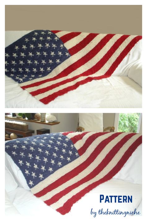 3 American Flag Blanket Knitting Patterns Knit American Flag Pattern, Crochet American Flag Blanket Free, American Flag Crochet Blanket Pattern, Chunky Knit Blanket Pattern, American Flag Blanket, Small American Flags, Veterans Flag, Blanket Knitting Pattern, Crocheting Ideas