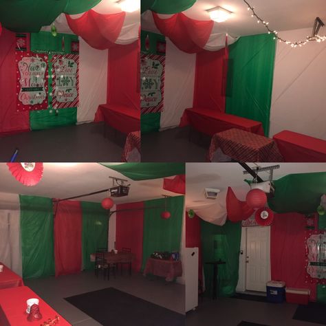 Christmas Party Garage, Christmas Party In Garage, Decorate Garage For Christmas Party, Christmas Garage Party, Garage Christmas Party, Christmas Party Ideas Decorations, Diy Christmas Party Decorations, Garage Party Decorations, Whoville Decorations