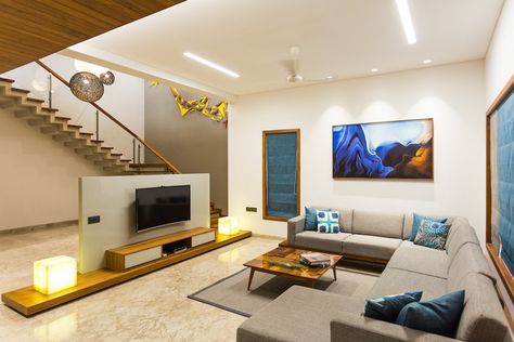 Residence Design with Straight-lines, Creative and Comfortable Responses | VPA - The Architects Diary Light Staircase, Room With Tv, Flat Renovation, Atelier Interior, Projector Mount, Bungalow Interiors, Drawing Rooms, Stairs In Living Room, Affordable Apartments