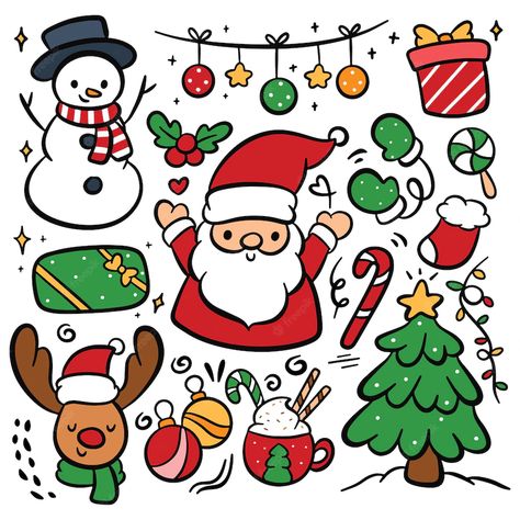 Premium Vector | Christmas cartoon concept hand drawn doodle elements vector illustration Christmas Cartoon Illustration, Christmas Doodle Illustration, Christmas Drawing Cartoon, Christmas Themed Drawings, Cartoon Christmas Drawings, Christmas Poster Drawing, Christmas Elements Illustration, Christmas Doodles Aesthetic, Christmas Cartoon Drawings