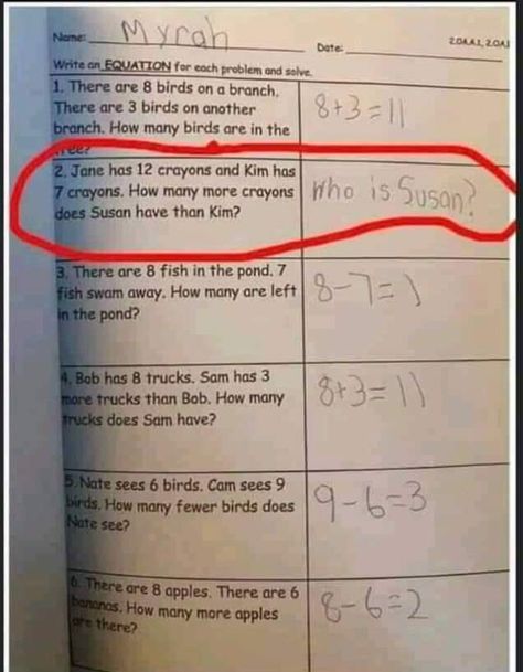 PART of being a parent means being able to help your little one with their homework. But let’s be honest, sometimes even we get stumped by baffling maths questions – especially when make-believe kids start faffing round with marbles. That said, one sassy primary school student who spotted a glaring error in her homework has […] Maths Funny, Math Professor, Office Jokes, Funny Items, Math Questions, Snapchat Text, Math Homework, Frank Zappa, Memes Lol