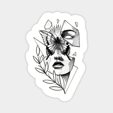 Broken Face Tat, Face With Butterfly Drawing, Shattered Face Tattoo, Butterfly And Face Tattoo, Butterfly With Face Tattoo, Doll Head Tattoo, Broken Butterfly Wings, Broken Butterfly, Insect Tattoos