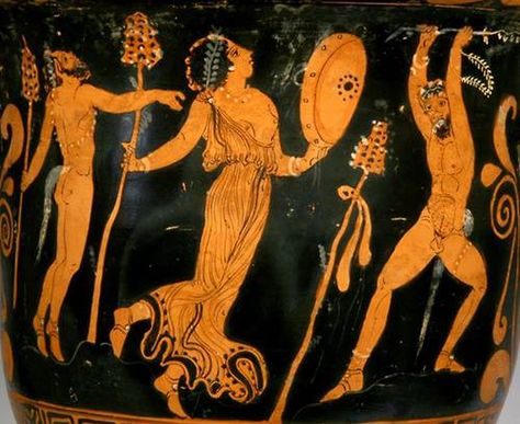 Satyrs and Maenad in an ecstatic dance (J. Eisenberg, Art of the Ancient World, 2009, no. 118) Ancient Greek Vase, Ancient Greece Art, Ancient Vase, Greek Vase, Ancient Greek Pottery, Vase Painting, Greece Art, Ancient Greek Art, Greek Pottery