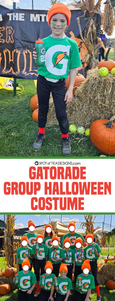 Gatorade Group Halloween Costume - Spot of Tea Designs Gatorade Costume, Softball Team Halloween Costume Ideas, Diy Gatorade, Gatorade Bottles, Rockford Peaches, Orange Socks, Cricut Mat, Tea Design, Fun Group