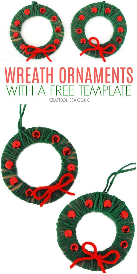 Yarn Wrapped Wreath Ornaments Yarn Wrapped Wreath, Christmas Wreath Ornaments, Yarns Ornaments, Christmas Art For Kids, Wreath Ornaments, Preschool Crafts Fall, Easy Holidays Crafts, Easy Christmas Ornaments, Material Wreaths