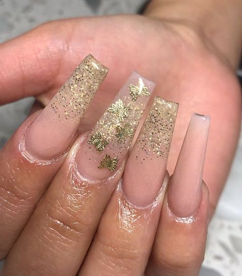 Champagne Gold Nails, Nails Butterflies, 15 Nails, 25th Bday, Bday Nails, Summer Acrylic, Gold Glitter Nails, Long Acrylic Nails Coffin, Long Acrylic