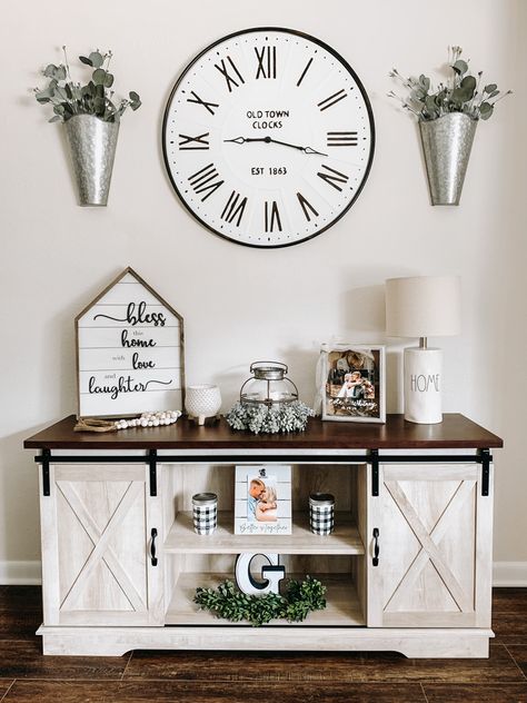 Farmhouse style entryway with bench and neutral color scheme Farmhouse Entryway Ideas Console Tables, Front Hallway Ideas Entrance Farmhouse, Entrance Farmhouse Entryway, Console Tables In Living Room Farmhouse, Enterway Console Table, Farmhouse Accent Table Decor, Farmhouse Entry Table With Mirror, Entryway Table With Storage Farmhouse, Modern Farmhouse Entryway Table Walmart