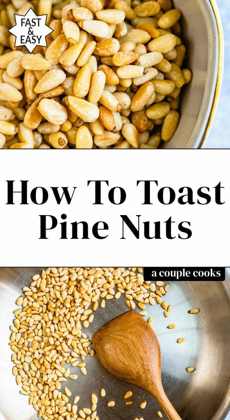 Toasted pine nuts add a nutty crunch to salads and pastas! Heating them until golden brings out their unique flavor. Here's how to toast pine nuts! #pinenuts #toastedpinenuts #nuts #howtotoastnuts Toasted Pine Nuts Recipe, Recipes With Pine Nuts Healthy, Toasted Pine Nuts How To, Pine Nut Recipe, Roasted Pine Nuts How To, Pnw Foraging, Pine Nuts Recipes, Pine Nut Pasta, Pine Nut Salad