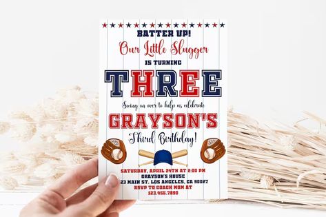 Editable Baseball 3rd Birthday Party Invitation, Little Slugger Birthday Invite Template - Etsy Stealing 3rd Baseball Birthday, Baseball 3rd Birthday Party, 3rd Birthday Baseball Theme, 4th Birthday Party For Boys, Baseball Party Invitations, Third Birthday Boys, 3rd Birthday Party For Boy, Baseball Birthday Invitations, Birthday Invite Template