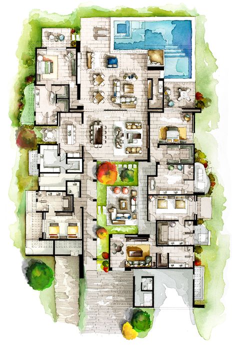 Real Estate Watercolor 2D Floor Plans Part 5 on Behance Site Plan Rendering, A House Plan, Rendered Floor Plan, Architecture Drawing Plan, Interior Design Renderings, Interior Architecture Drawing, Interior Design Drawings, Watercolor Architecture, Floor Plan Drawing