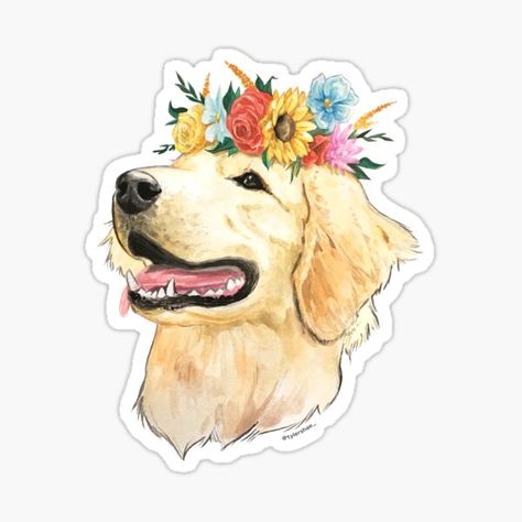 Golden Retriever Flowers, Pun Stickers, Crown Sticker, Watercolor Red, Pinturas Disney, Bear Wallpaper, Dogs Golden Retriever, Dog Stickers, Retriever Dog