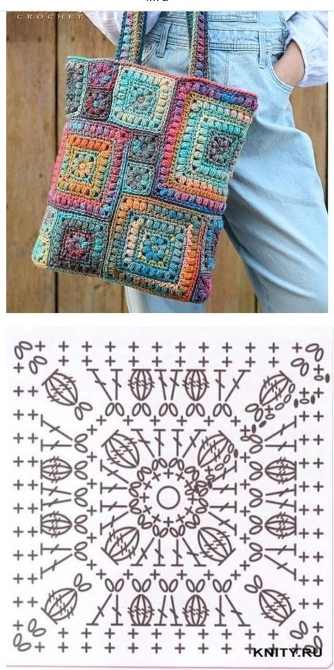 Sac Granny Square, Crochet Flower Scarf, Crochet Blanket Stitch Pattern, Crochet Motif Patterns, Crochet Blocks, Crochet Coat, Crochet Stitches For Beginners, Crochet Fashion Patterns, Crochet Dress Pattern