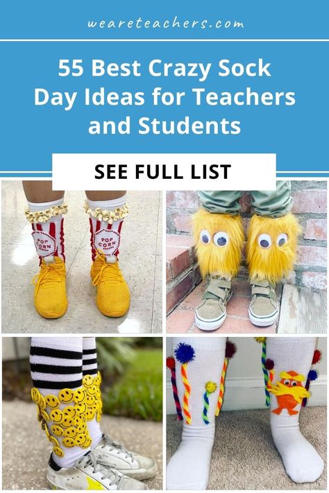 Get into the spirit with these hilarious and ingenious Crazy Sock Day ideas! See the best wacky socks you can buy, or try clever DIY ideas. Crazy Sick Day Ideas, Funny Feet Day At School Ideas, Crazy Hat And Sock Day At School, Crazy Sock Ideas For School, Crazy Sick Day At School, Toddler Crazy Sock Day, Crazy Socks For Boys, Funky Socks Day At School Diy, Wacky Clothes Day School Dr Seuss