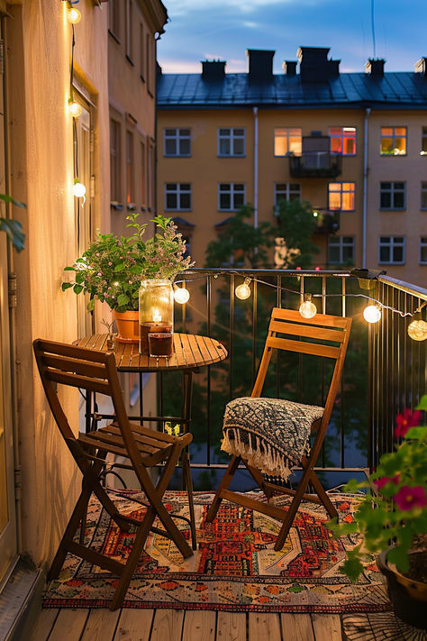 A small apartment balcony with a cozy seating nook featuring a round table and two chairs, adorned with potted plants and string lights. The balcony offers a picturesque view of a tree-lined street and neighboring buildings at sunset, creating a warm and inviting atmosphere. Small Outside Balcony Ideas, Flat With Balcony, Tiny Apartment Balcony Ideas, Uncovered Balcony Ideas, Small Balcony Aesthetic, Small House Ideas Decorating, Balcony Ideas Simple, Small Balcony Ideas On A Budget, Apartment Deck Ideas Balconies