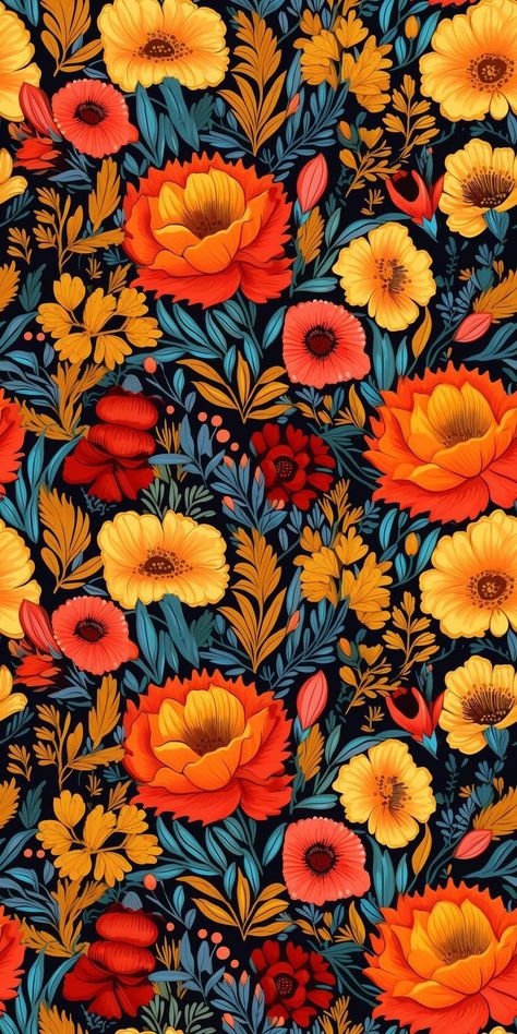 Frida Kahlo Background, Yellow Flowers Tattoo, Mexican Art Wallpaper, Frida Kahlo Wallpaper, Mexican Illustration Art, Frida Wallpaper, Mexican Style Art, Mexican Floral Pattern, Van Mural