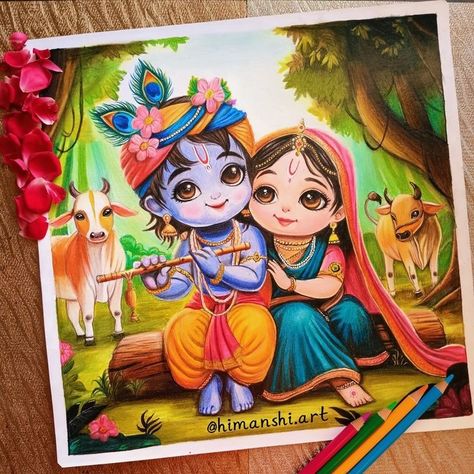 Pencil Colour Painting Ideas, Krishna Drawing Pencil Color, Krishna Painting On Canvas Acrylics, Radha Krishna Cute Drawings, Drawing Ideas With Pencil Colours, Radha Krishna Art Paintings, Cute Radha Krishna Drawing, Krishna Radha Drawing, Pencil Colour Drawing Ideas