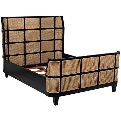 Noir Porto Coastal Beach Brown Woven Cane Mahogany Wood Wing Back Queen Bed Queen | Kathy Kuo Home Cane Bed, Eastern King Bed, Wingback Bed, Queen Panel Beds, Queen Platform Bed, Queen Bed Frame, Black Bedding, Panel Bed, Mahogany Wood