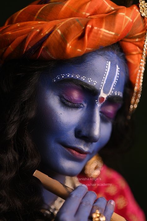 Krishna Face Makeup, Radha Krishna Makeup Look, Krishna Face Painting, Krishna Makeup, Eye Mekup, Goddess Makeup Look, Kolka Design, Makeup Collage, Radha Beauty