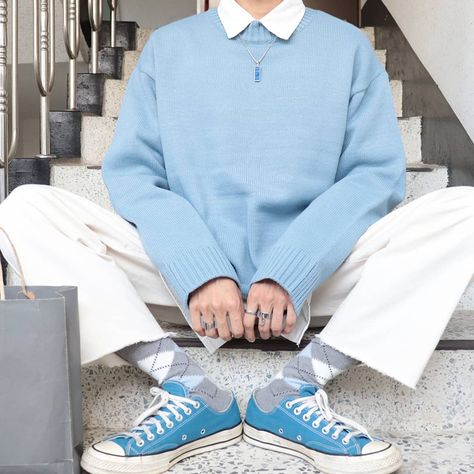 Light Blue Mens Outfit, Blue Aesthetic Outfit Men, Korean Soft Boy Outfit, Light Blue Outfit Men, Blue Male Outfit, Soft Boy Outfits Pastel, Pastel Boy Outfit, Siren Moodboard, Pastel Academia Outfit