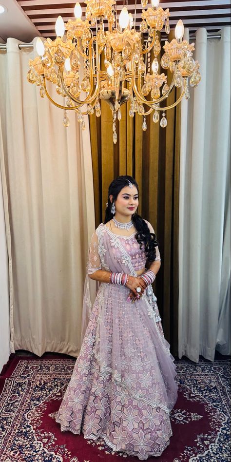 Engagement Lehenga Indian Simple, Simple Engagement Looks For Indian Bride, Lavender Colour Lehenga, Engagement Looks For Indian Bride, Reception Poses, Brides Mate Dress, Lavender Lehenga, Brides Mate, Engagement Looks