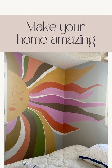 Painted Sun Mural, Rainbow Wall Mural, Interior Paint Ideas, Rainbow Mural, House Entry, Kids Cafe, Colorful Kids Room, Painted Door, Hall Ideas