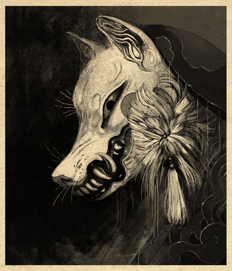 Japanese Art Modern, Kitsune Mask, Japanese Mask, Kagawa, Japanese Folklore, Cool Masks, Tattoo Illustration, Japanese Tattoo Art, Ethereal Art