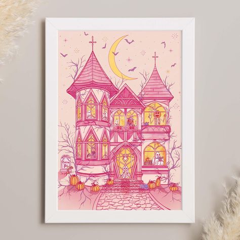 This adorably pink haunted house wall art is a digital download. It features my original illustration of a spooky mansion with ghosts dancing and reading, a pumpkin-head skeleton enjoying a pumpkin latte, and witches practicing magic and studying new spells. It's the perfect art print to subtly decorate for Halloween, or to have up year-round!  You can print this instant download at home or take the files to a print shop to print larger sizes on canvas or paper. Choose the file with the ratio yo Colorful Halloween Art, Pastel Horror Art, Kawaii Halloween Art, Pastel Goth Home, Haunted House Illustration, Halloween Shuffle, Pastel Goth Home Decor, Spooky Mansion, Cute Digital Art