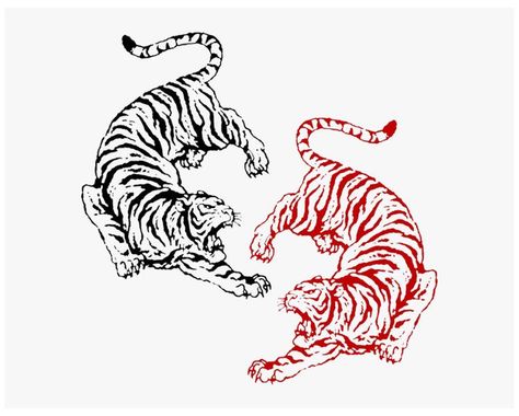 Bengal Tiger Tattoo Design, Chinese Tiger Tattoo Design, Chinese Tiger Tattoos, Hindu Tiger Tattoo, 2 Tigers Back Tattoo, Red And Black Tiger Tattoo, Tiger Sun Tattoo, Two Tigers Back Tattoo, Double Tiger Tattoo