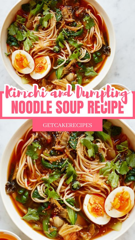 This may contain: two bowls of kimchi noodle soup with dumplings one cut egg in half and some coriander and sesame with chopsticks in them Blasian Family, Dumpling Noodle Soup, Kimchi Soup, Foods Dinner, Easy Homemade Soups, Kimchi Ramen, Quick Soup Recipes, Korean Kimchi, Pho Soup