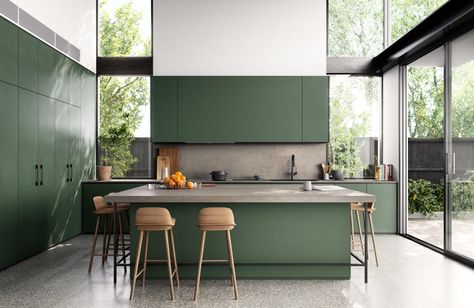 Laminex Kitchen, Green Kitchen Ideas, Contemporary Kitchen Decor, Green Kitchens, Latest House Designs, Tamworth, Kitchen Design Modern, Granny Flat, Engineered Stone