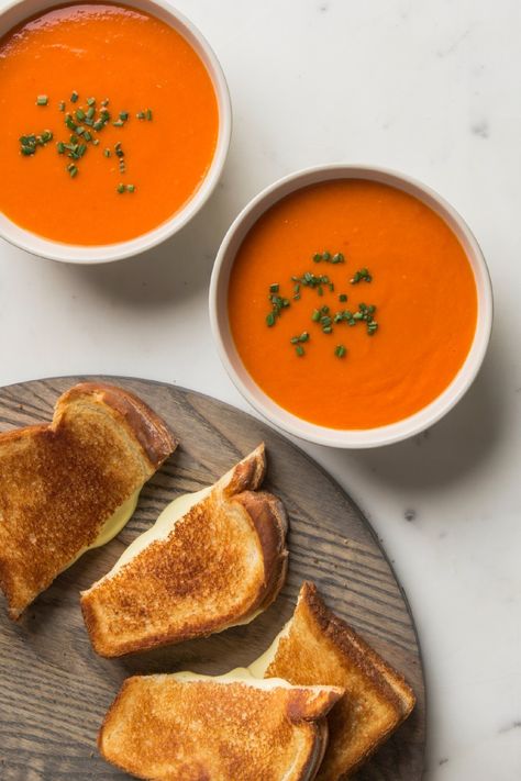 Grilled cheese is a snap, but soup? Believe it: Ours is so easy and so much better than opening a can. Tomato Soup For Two, Grilled Cheese With Tomato Soup, Soup For Two, Cheese With Tomato, Make Sushi At Home, Vegetarian Sandwiches, Grilled Cheese With Tomato, Make Sushi, Sushi At Home