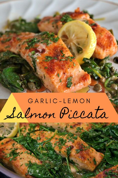 White Fish And Spinach Recipes, Salmon With Spinach Recipes, Salmon And Spinach Recipes Healthy, Fish And Spinach Recipes, Salmon And Spinach Recipes, Salmon Picatta, Fufilling Food, Garlic Lemon Salmon, Salmon Piccata Recipe