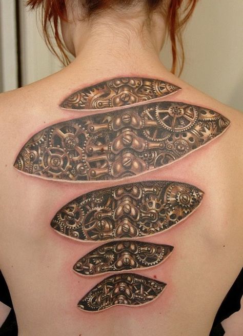 Human, Skin, Shoulder, Joint, Pattern, Tattoo, Back, Organ, Art, Neck, Biomech Tattoo, Tato 3d, Best 3d Tattoos, Steampunk Tattoo, Unique Tattoos For Women, Punk Tattoo, Mechanic Tattoo, Optical Illusion Tattoo, Polynesian Tattoos