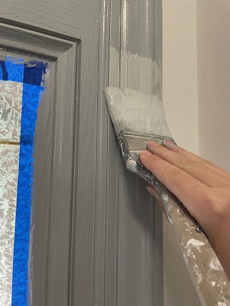 How to Paint a Fiberglass Door + Best Kind of Paint to Use Painting Fiberglass Door Front Entry, Painting A Fiberglass Door, How To Paint A Fiberglass Door, Paint Fiberglass Front Door, Painting Fiberglass Door, Light Blue Grey Paint, Painting Doors, Painted Exterior Doors, Dollar Diy