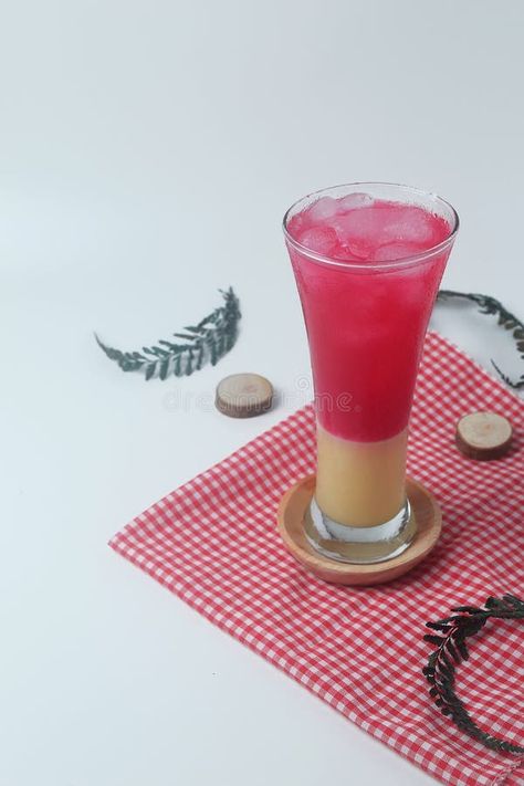 Red soda mixed with milk is a typical Indonesian drink is Soda Gembira stock photos Pink Milkshake, A Typical, Mocktails, Juice, Milk, Stock Photos, Fruit, Drinks, Sports