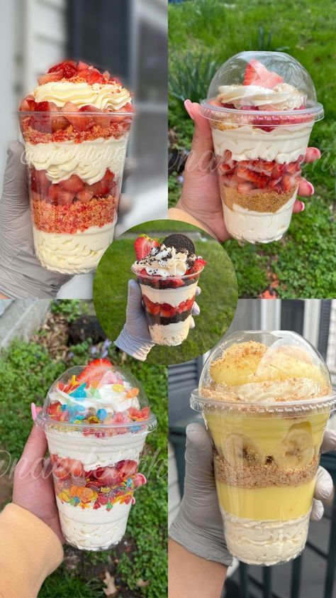 Cake Cup Flavors, Baked Items To Sell, Selling Sweets Ideas, Ice Cream Cups Ideas, Bakery Selling Ideas, Snack Selling Ideas, Etsy Recipes, Desserts To Give As Gifts, Food Truck Ideas Business