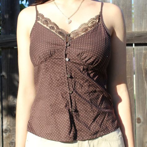 Almost Brand New Cute Cami! Adjustable Length Straps :) 100% Cotton So The Lace Isn't Itchy And The Top Is Overall Soft Model Is: 5' 10" And Wears Size Small/Medium Cami Tops Aesthetic, Lace Cami Top Outfit, Twee Style, Brown Cami, Thrift Wishlist, Outfit Creator, Floral Cami Top, Fun Clothes, Lace Cami Top